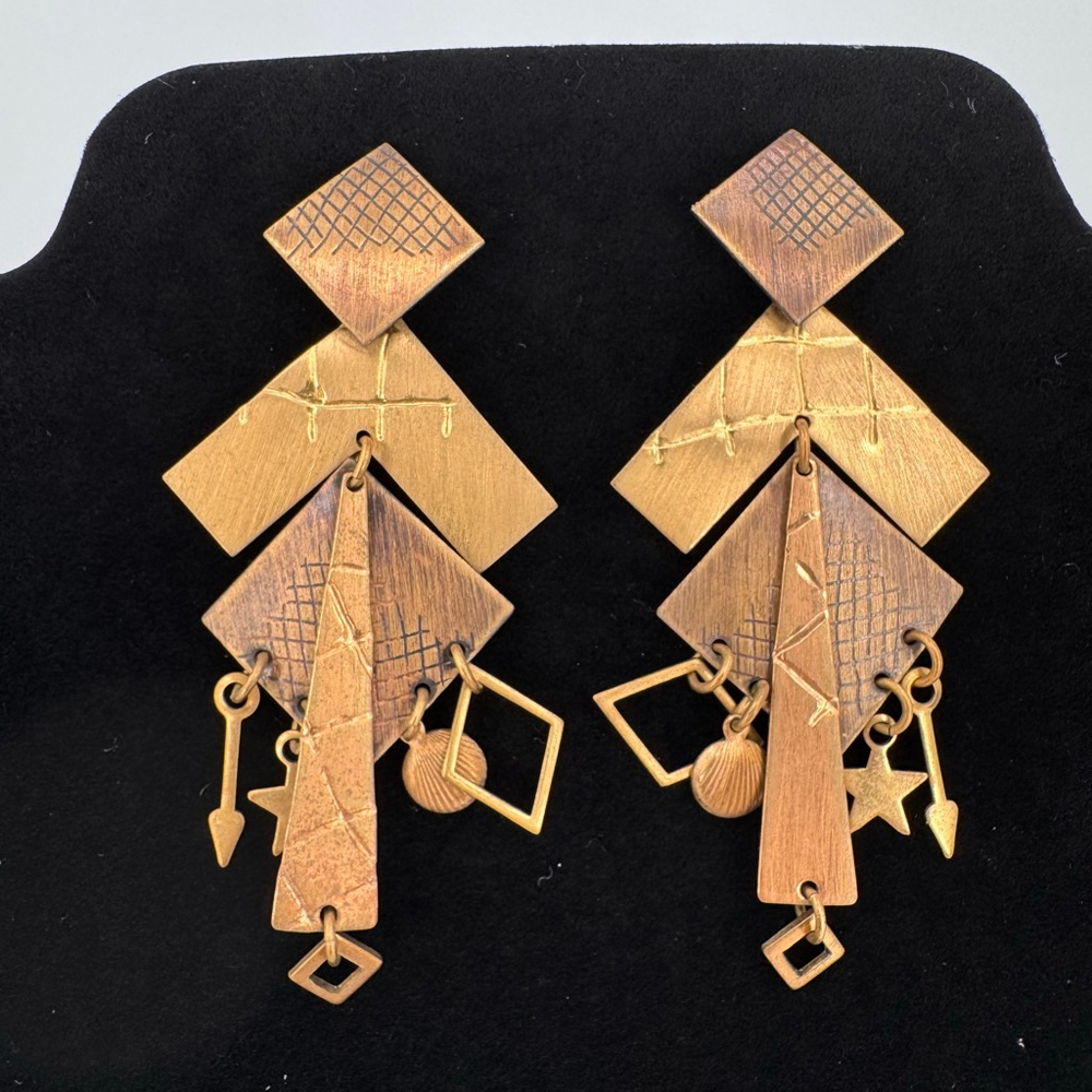 Vintage Handcrafted Dangle Earrings Snow Shadow Artisan Metal Geometric Arrows - Picture 2 of 4